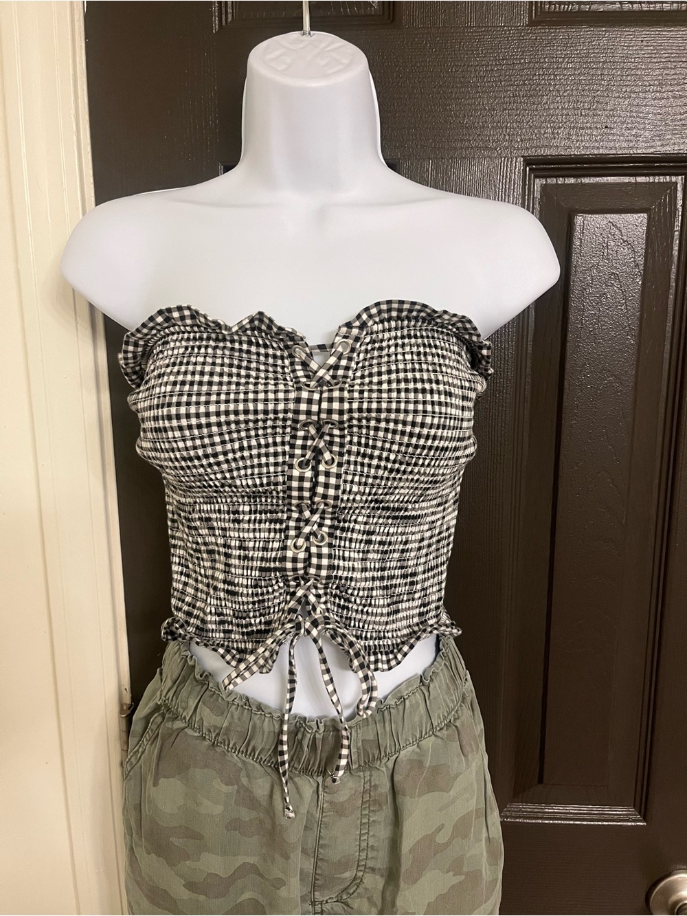 Express Gingham Lace-Up Smocked Tube Top - Black/White